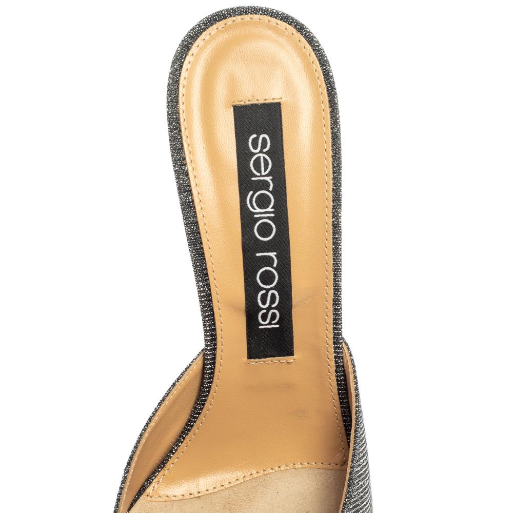 Women's Sergio Rossi Silver/Black Glitter Fabric Pointed Toe Mules Size 40