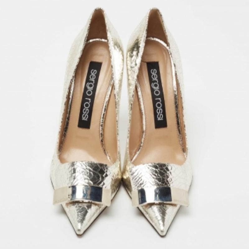 Women's Sergio Rossi Silver Croc Embossed Leather Pumps Size 40 For Sale