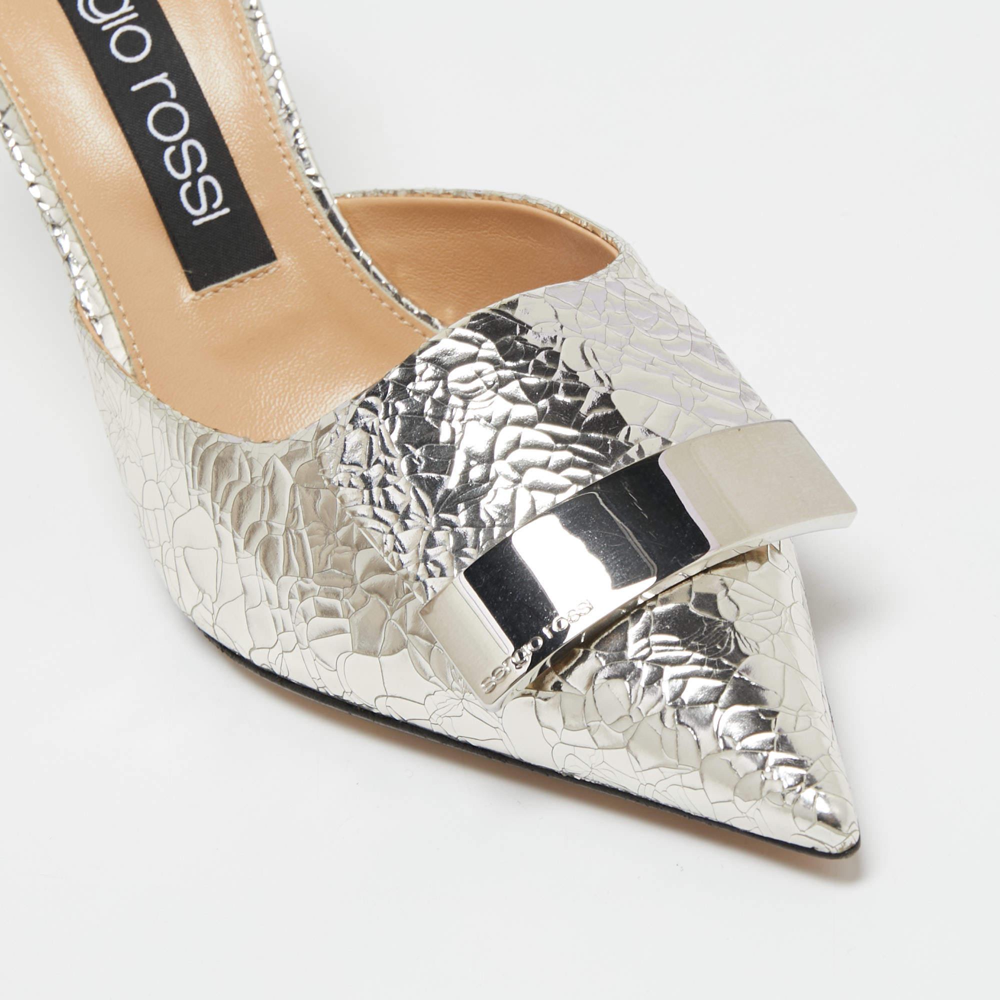 Sergio Rossi Silver Croc Embossed Mule Sandals Size 40 3