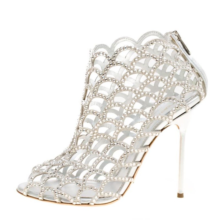 Sergio Rossi Silver Crystal Embellished Scalloped Suede Peep Toe Caged ...
