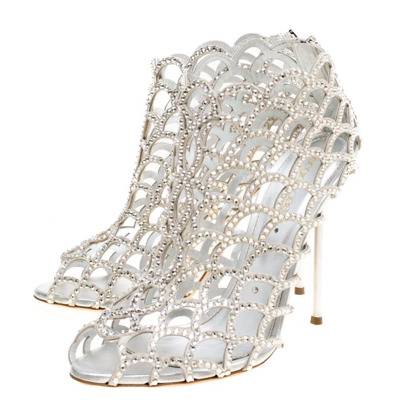 Sergio Rossi Silver Crystal Embellished Scalloped Suede Peep Toe Caged Booties S In New Condition In Dubai, Al Qouz 2