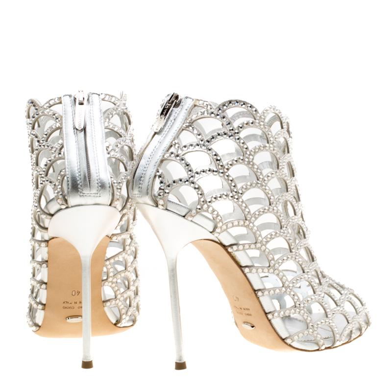 Women's Sergio Rossi Silver Crystal Embellished Scalloped Suede Peep Toe Caged Booties S