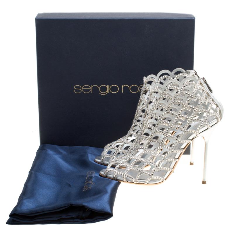 Sergio Rossi Silver Crystal Embellished Scalloped Suede Peep Toe Caged Booties S 3