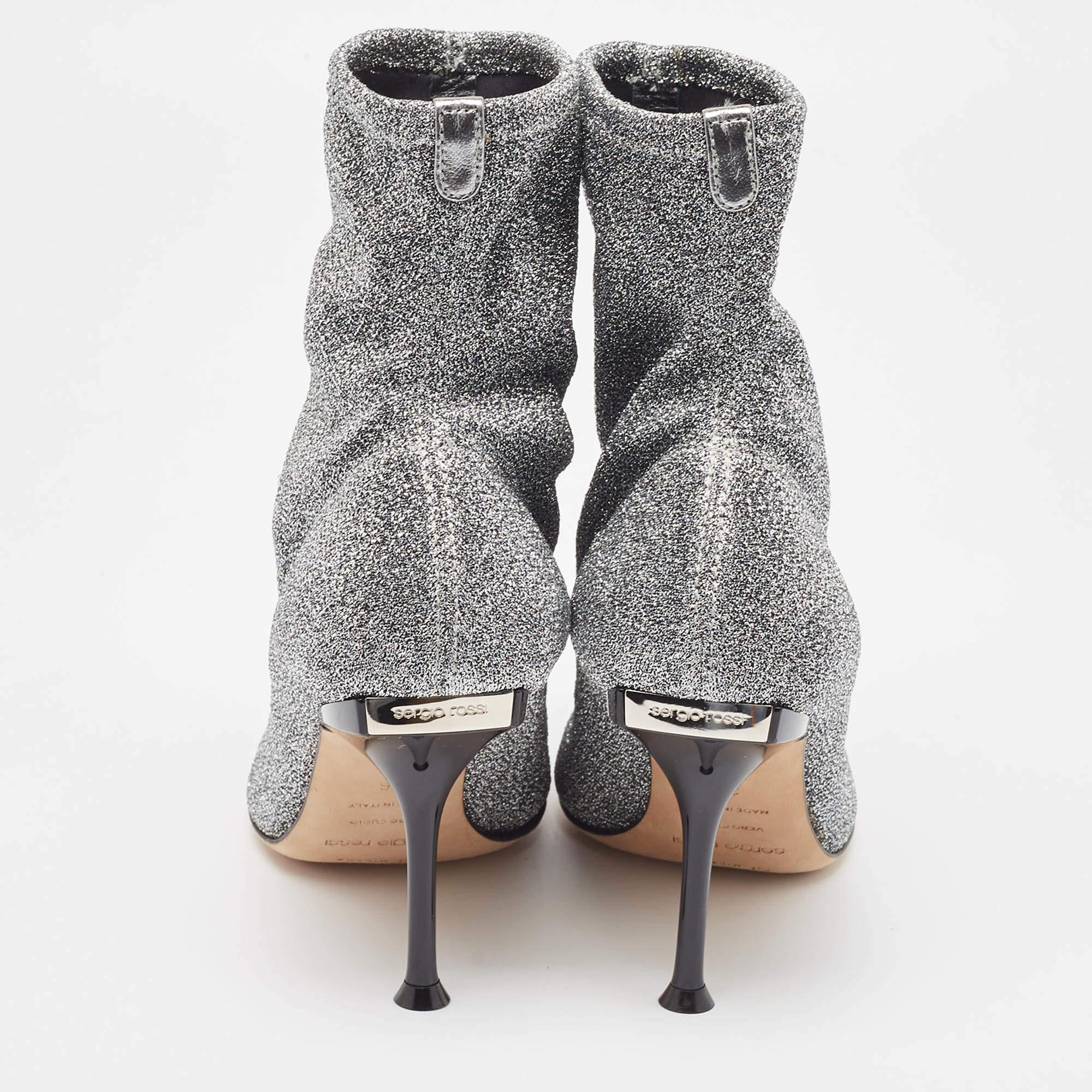 Sergio Rossi Silver Knit Fabric Sock Ankle Boots Size 36 For Sale 1