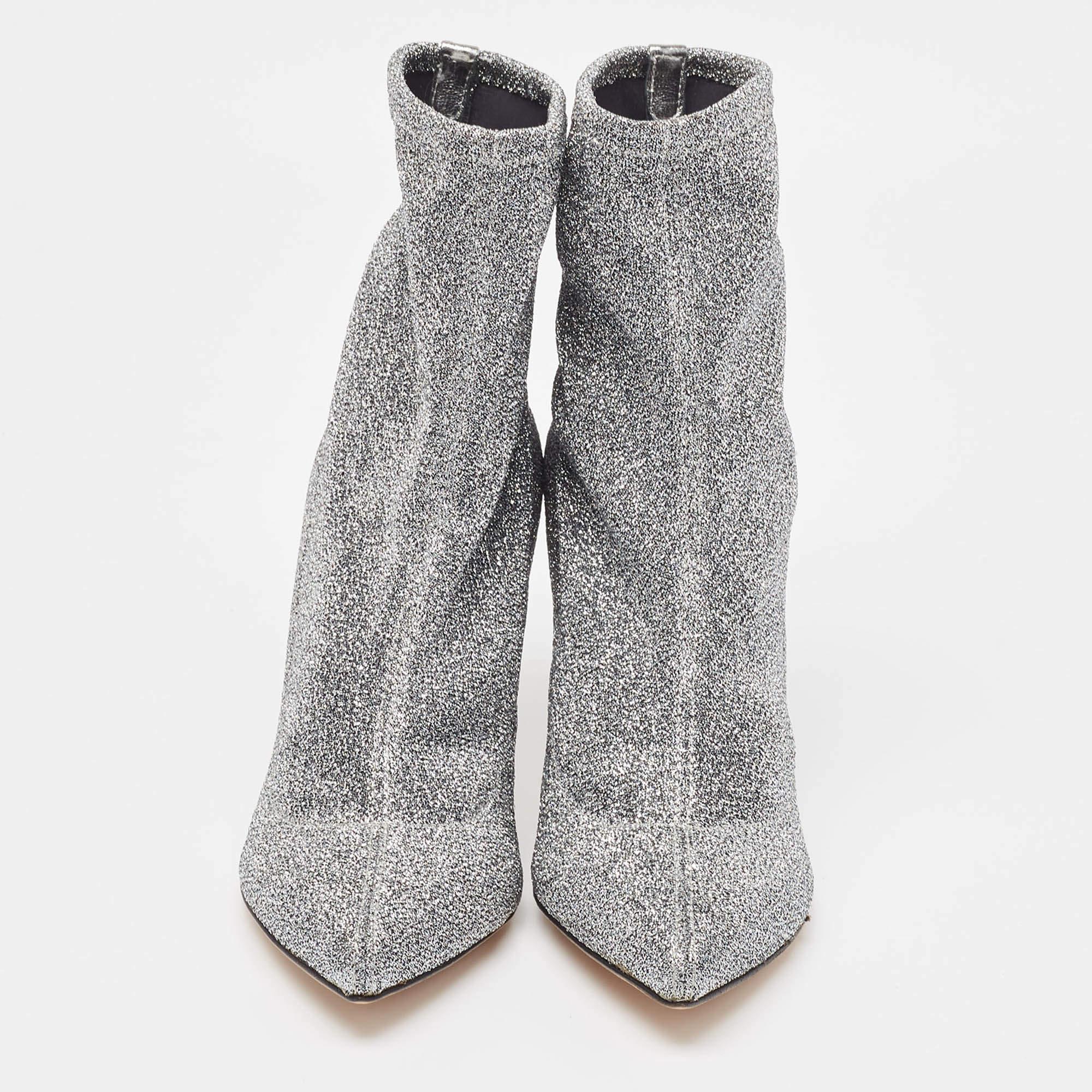 Sergio Rossi Silver Knit Fabric Sock Ankle Boots Size 36 For Sale 3