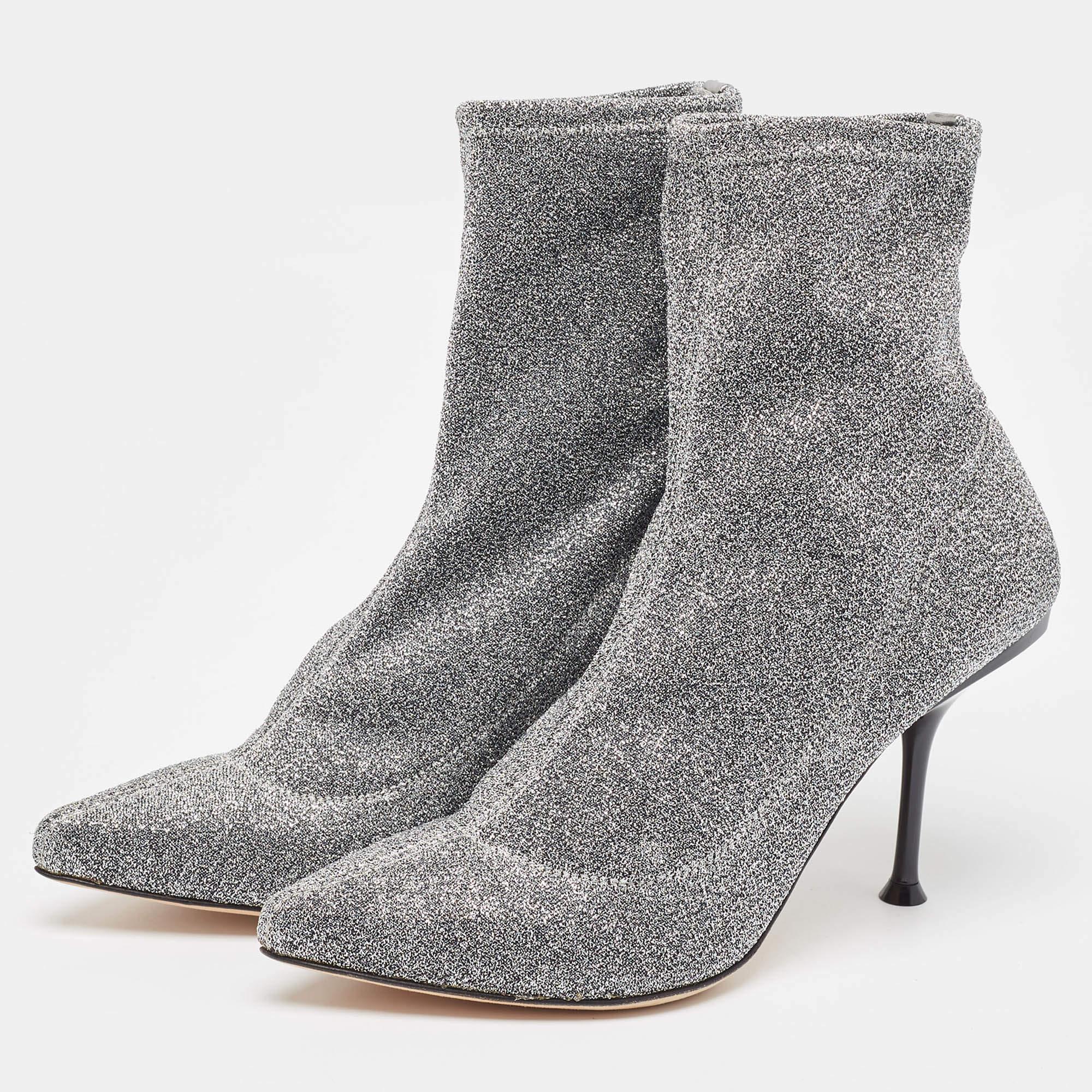 Sergio Rossi Silver Knit Fabric Sock Ankle Boots Size 36 For Sale 4