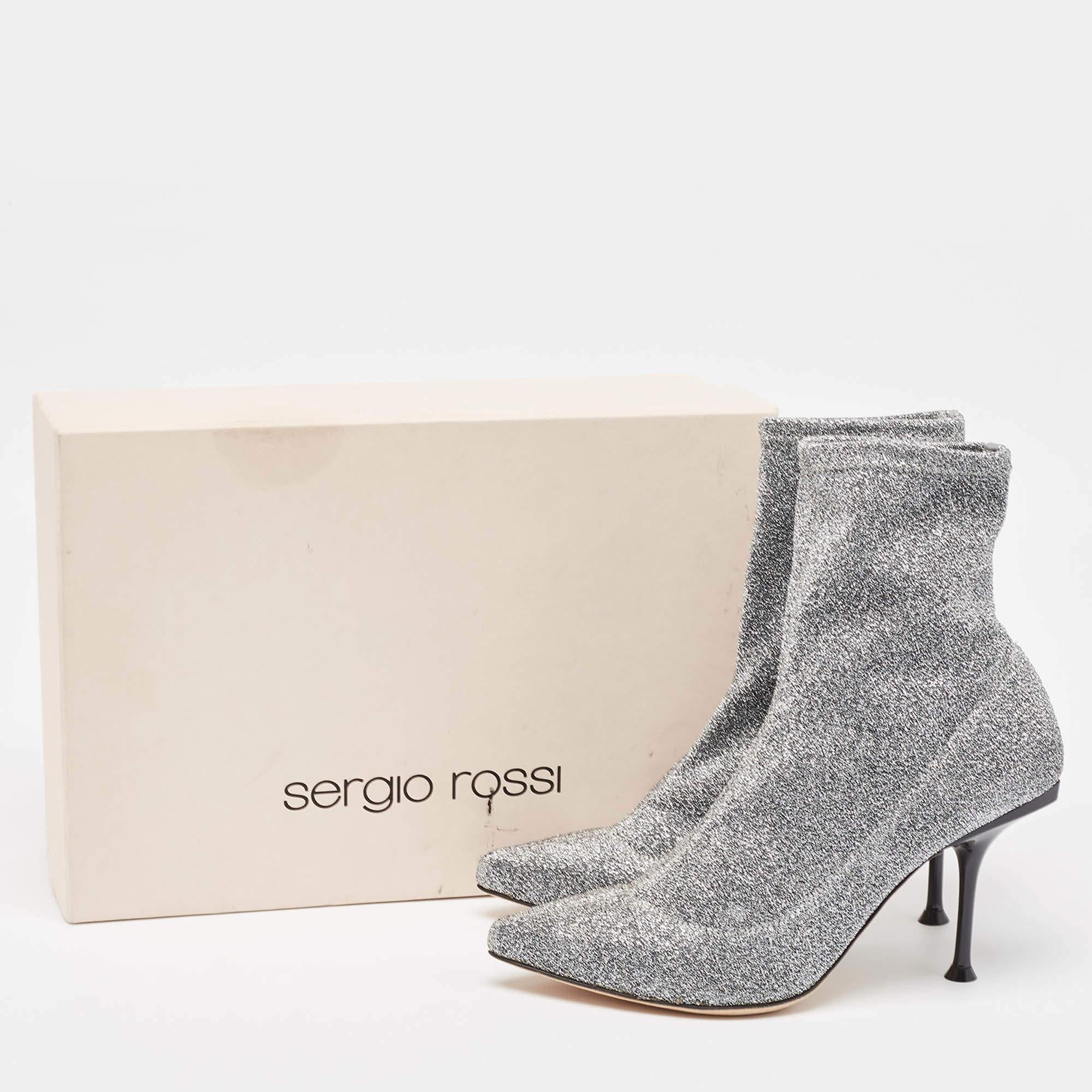 Sergio Rossi Silver Knit Fabric Sock Ankle Boots Size 36 For Sale 5