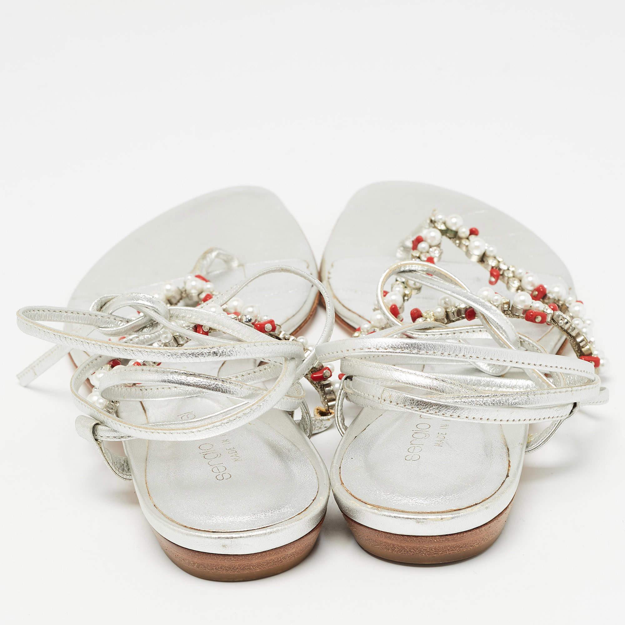 De las mujeres Sergio Rossi Cristal de cuero plateado  Tobilleras planas talla 37.5 en venta