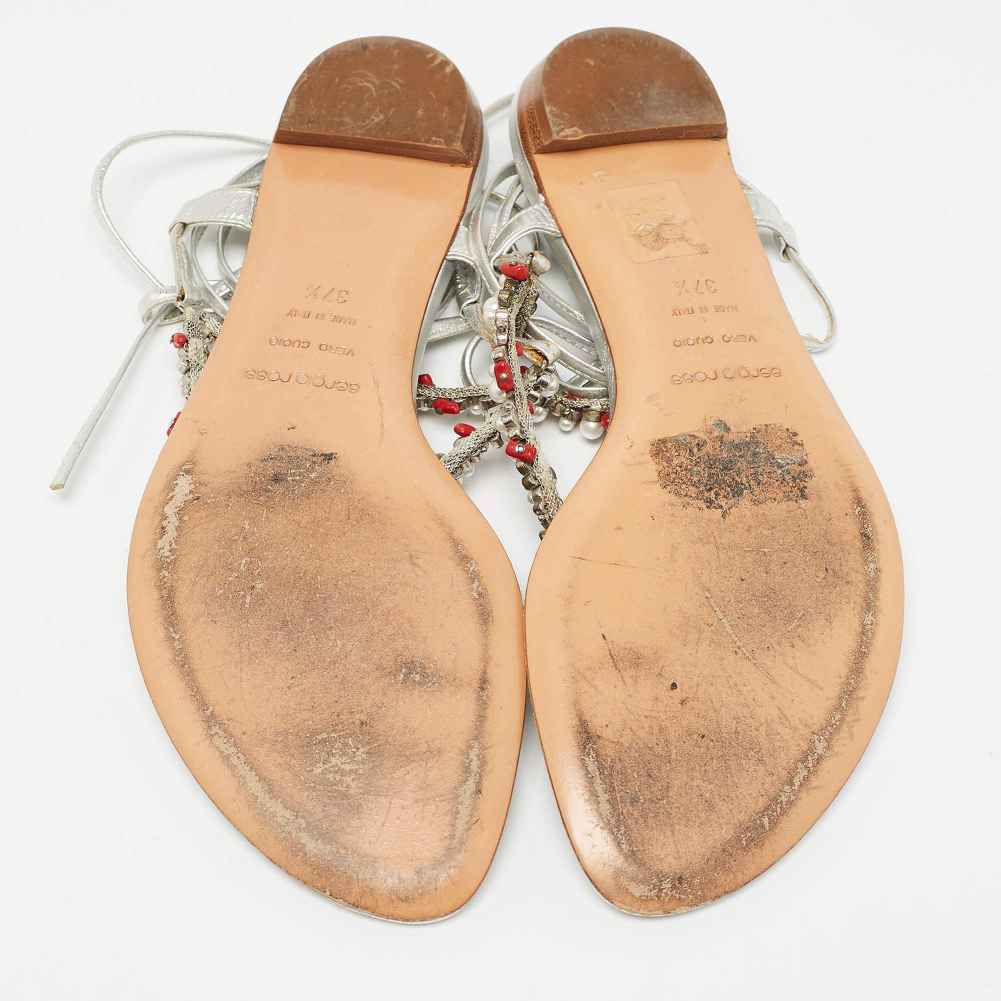 Sergio Rossi Cristal de cuero plateado  Tobilleras planas talla 37.5 en venta 1