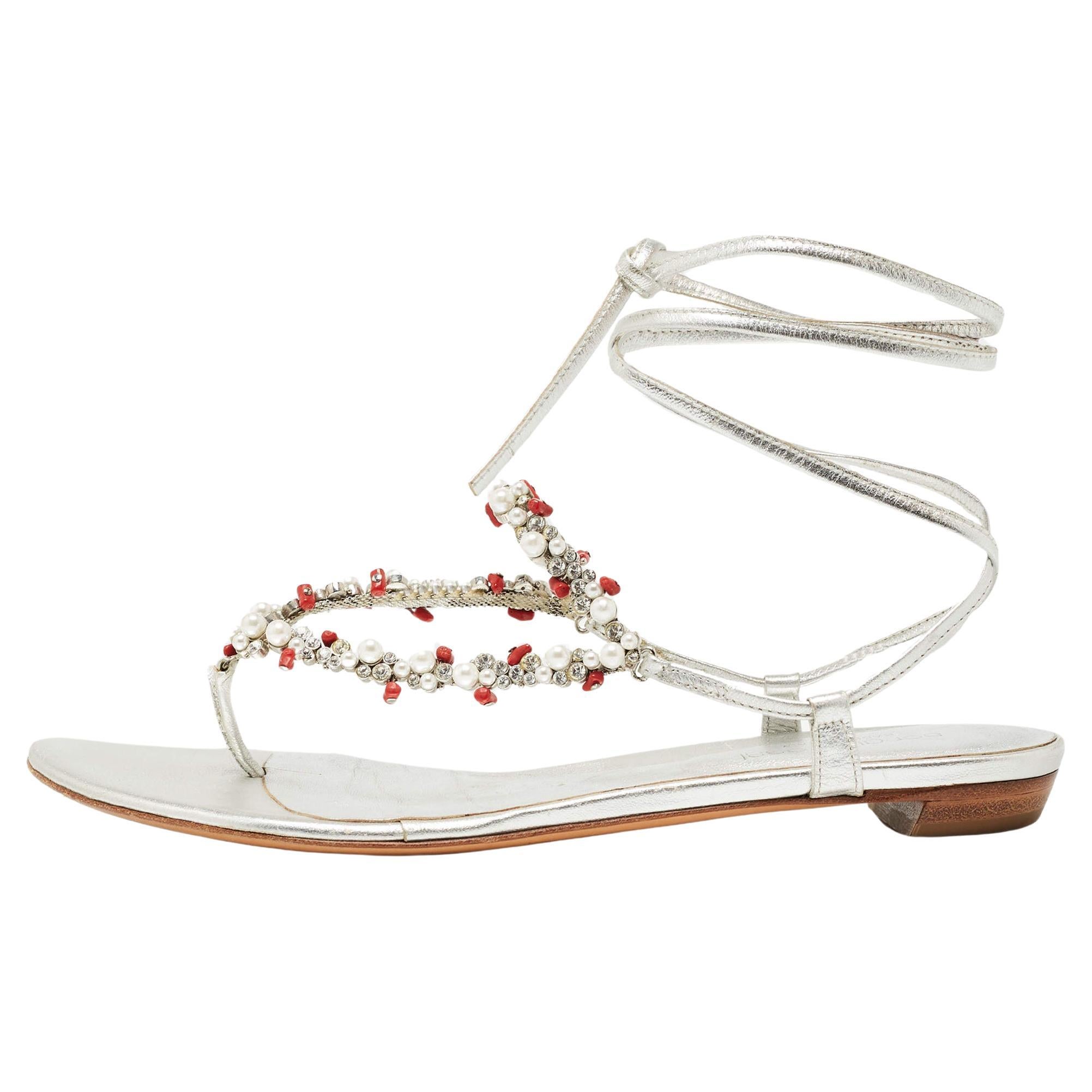 Sergio Rossi Silver Leather Crystal  Ankle Wrap Flat Slides Taille 37.5
