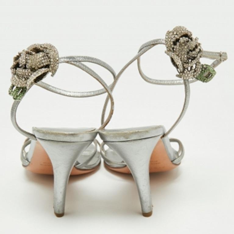 Women's Sergio Rossi Silver Leather Crystal Embellished Ankle Strap Sandals Size 38.5 For Sale