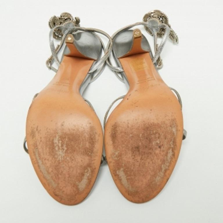 Sergio Rossi Silver Leather Crystal Embellished Ankle Strap Sandals Size 38.5 For Sale 2