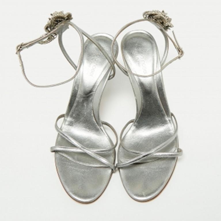 Sergio Rossi Silver Leather Crystal Embellished Ankle Strap Sandals Size 38.5 For Sale 5