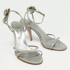 Sergio Rossi Silver Leather Crystal Embellished Ankle Strap Sandals Size 38.5