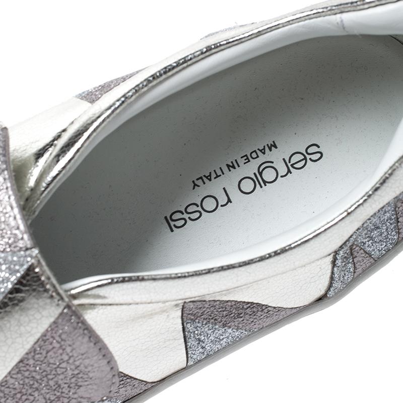 Sergio Rossi Silver Metallic Leather and Glitter Blair Slip on Sneakers Size 41 In Excellent Condition In Dubai, Al Qouz 2