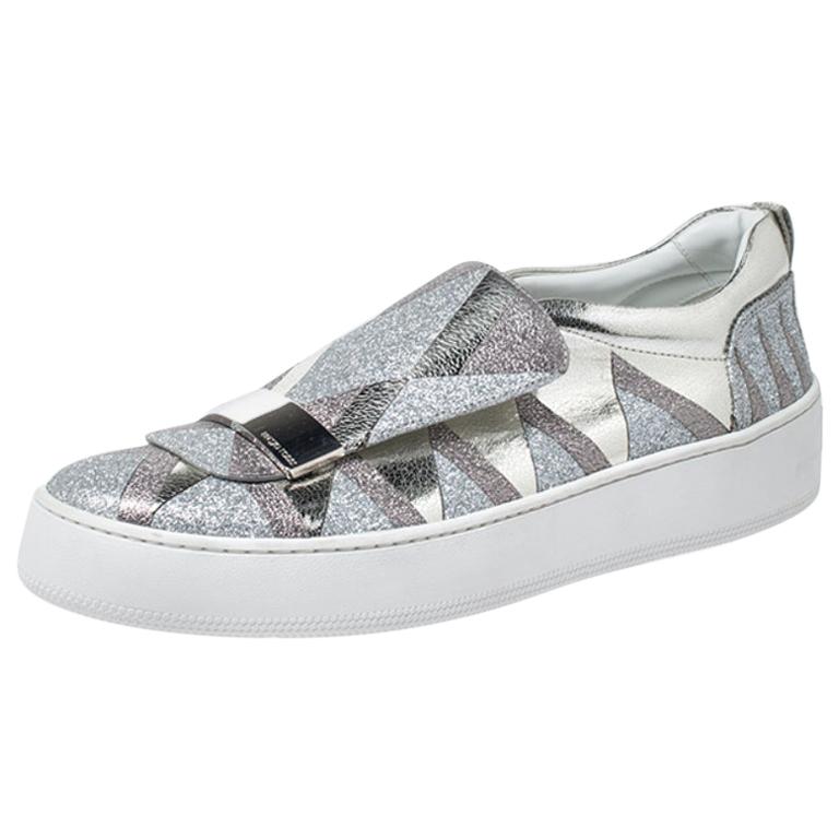 Sergio Rossi Silver Metallic Leather and Glitter Blair Slip on Sneakers Size 41