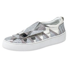 Sergio Rossi Silver Metallic Leather and Glitter Blair Slip on Sneakers Size 41