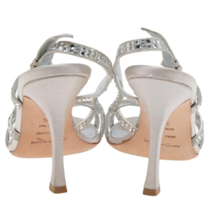 Sergio Rossi Silver Satin Crystal Embellished Slingback Sandals Size 36.5 For Sale 1