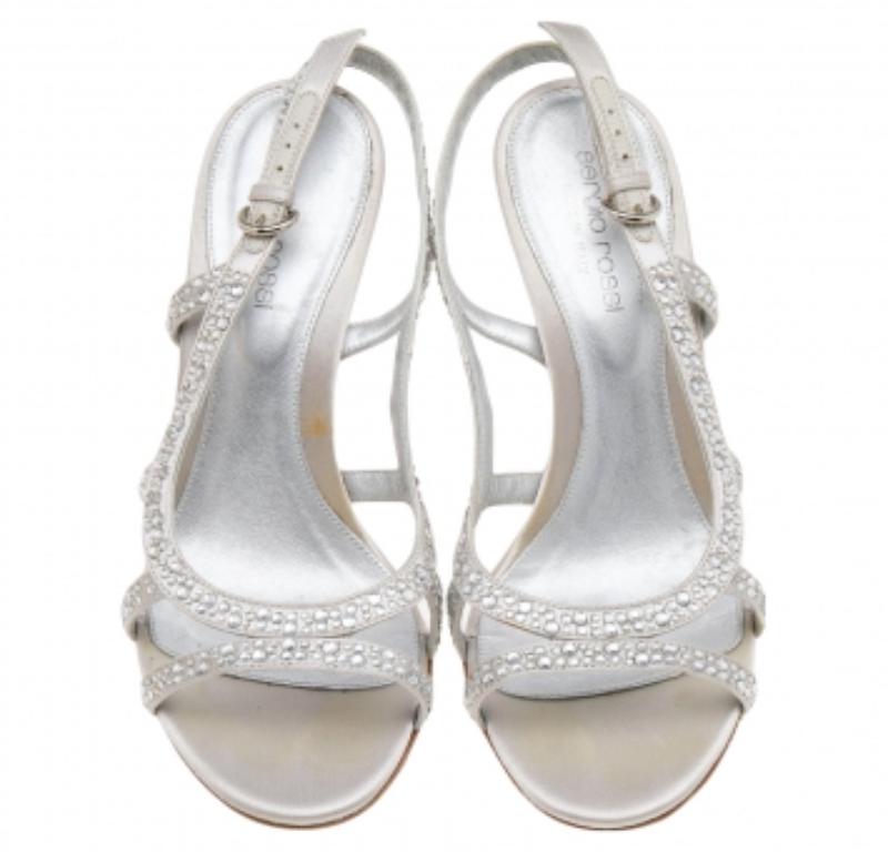 Sergio Rossi Silver Satin Crystal Embellished Slingback Sandals Size 36.5 For Sale 2