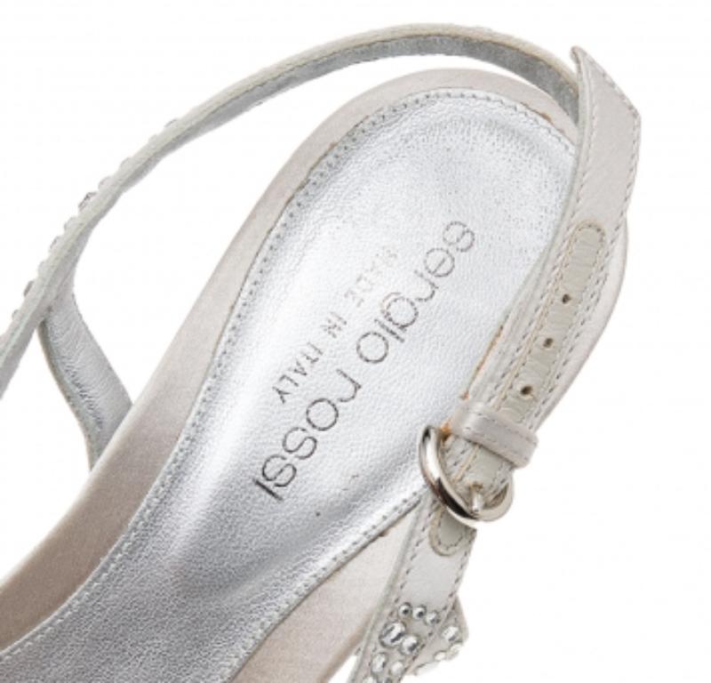 Sergio Rossi Silver Satin Crystal Embellished Slingback Sandals Size 36.5 For Sale 3