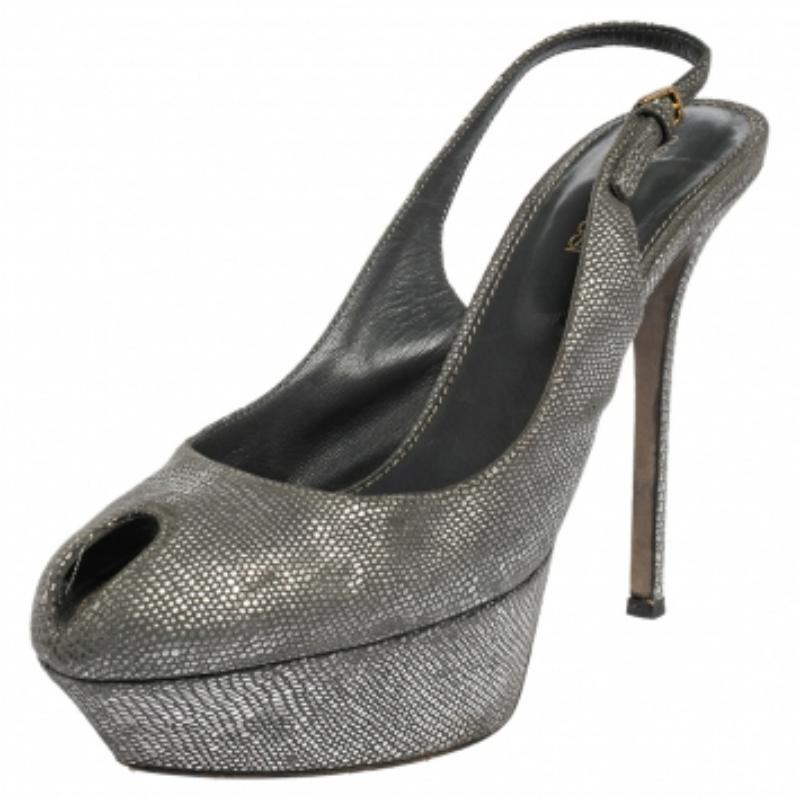 Women's Sergio Rossi Silver Suede Cachet Peep Toe Platform Slingback Sandals Size 37.5