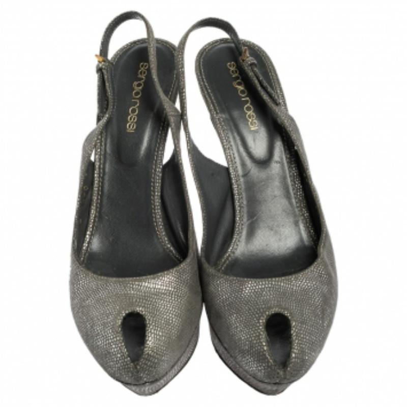 Sergio Rossi Silver Suede Cachet Peep Toe Platform Slingback Sandals Size 37.5 1