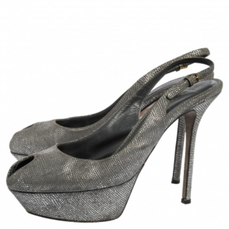 Sergio Rossi Silver Suede Cachet Peep Toe Platform Slingback Sandals Size 37.5 3