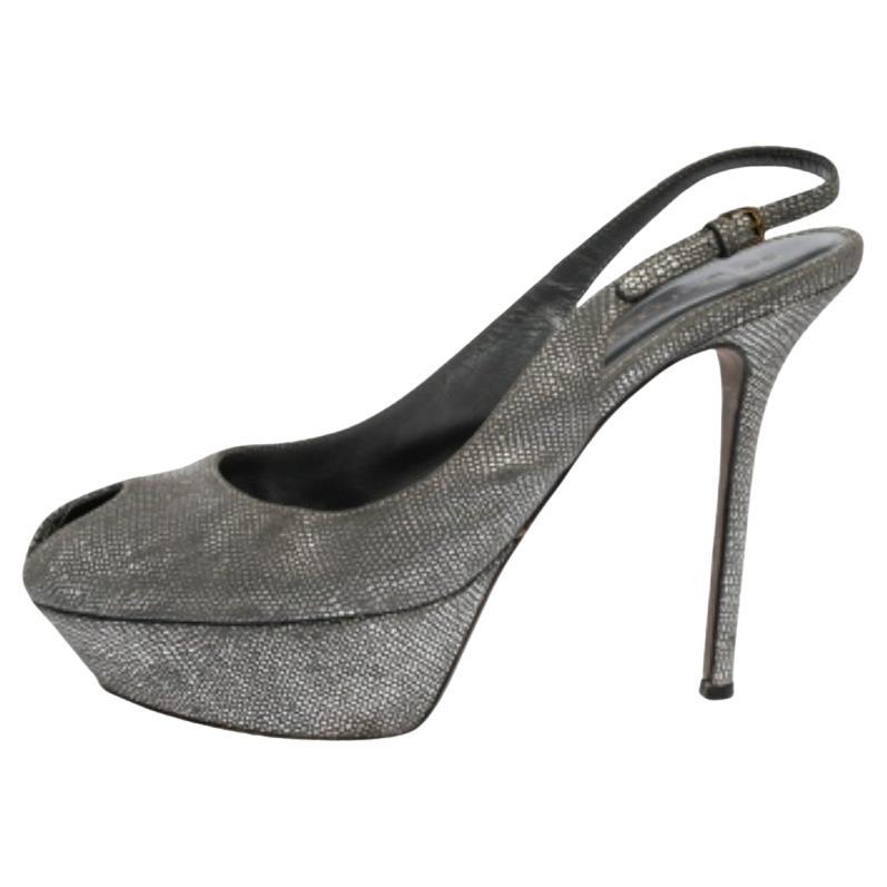 Sergio Rossi Silver Suede Cachet Peep Toe Platform Slingback Sandals Size 37.5