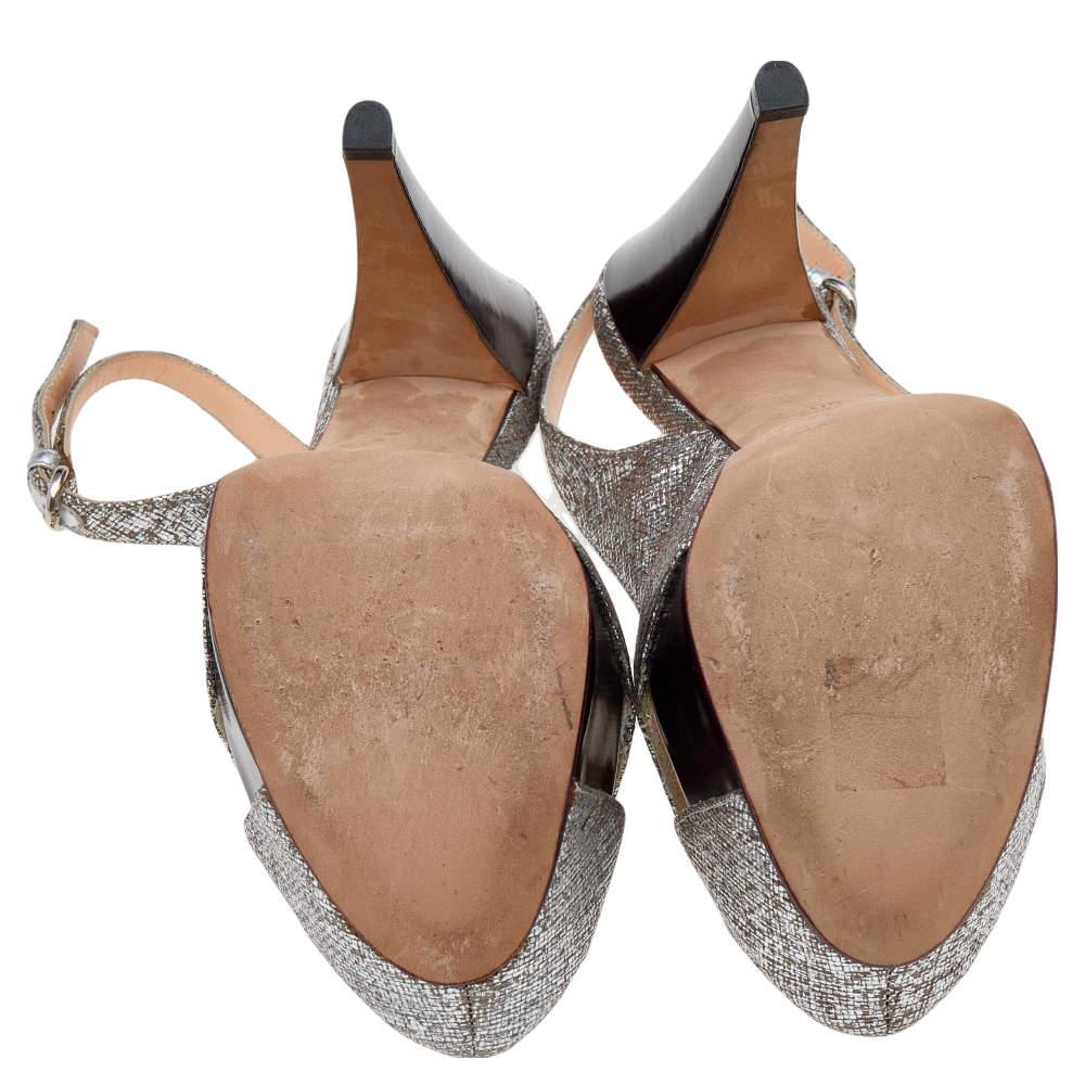Sergio Rossi Silver Textured Leather Platform Slingback Sandals Size 40 2
