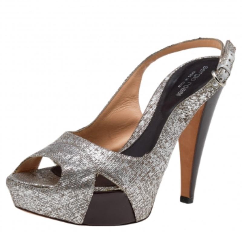 Sergio Rossi Silver Textured Leather Platform Slingback Sandals Size 40 For Sale 3