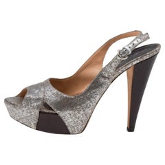 Sergio Rossi Silver Textured Leather Platform Slingback Sandals Size 40