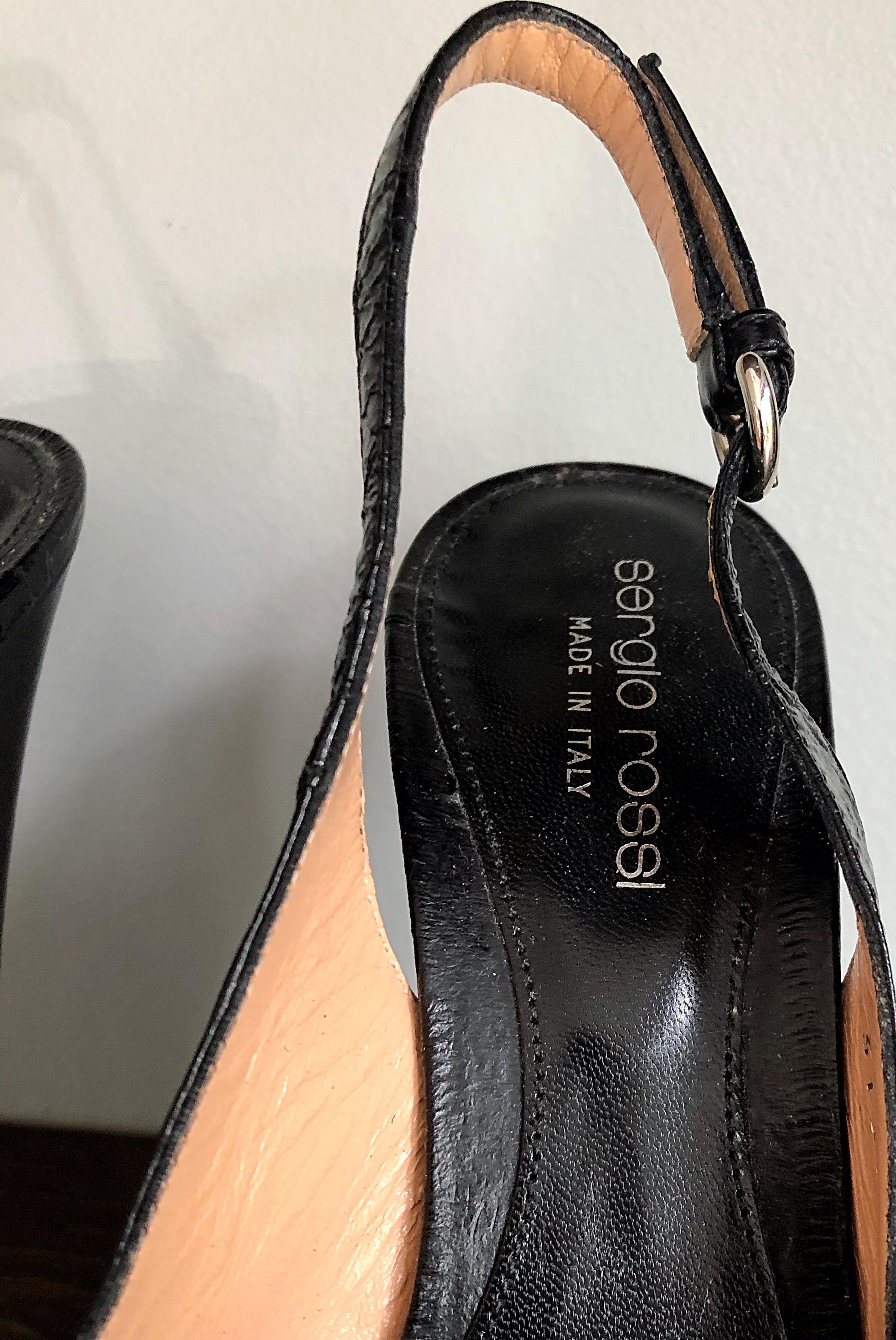 Beautiful SERGIO ROSSI black eel skin and leather platform high heels in Size 36 / US 6 ! Stacked platforms. Make these beauties easy and comfortable to wear all day. Slingback style with adjustable straps. Can easily be dressed up or down. Great