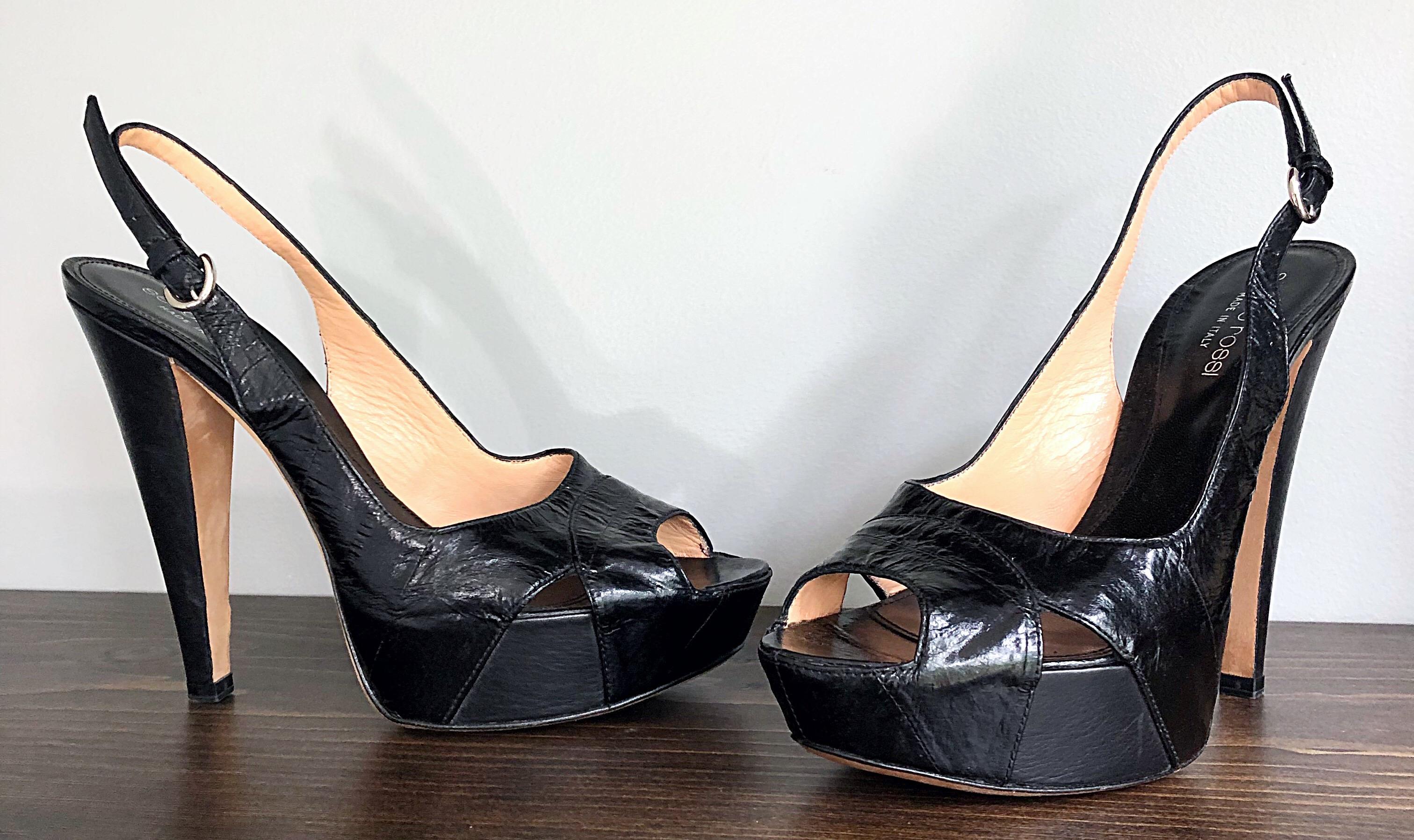 Sergio Rossi Size 36 / 6 Eel Skin Black Platform Peep Toe Sling Back High Heels In Excellent Condition For Sale In San Diego, CA