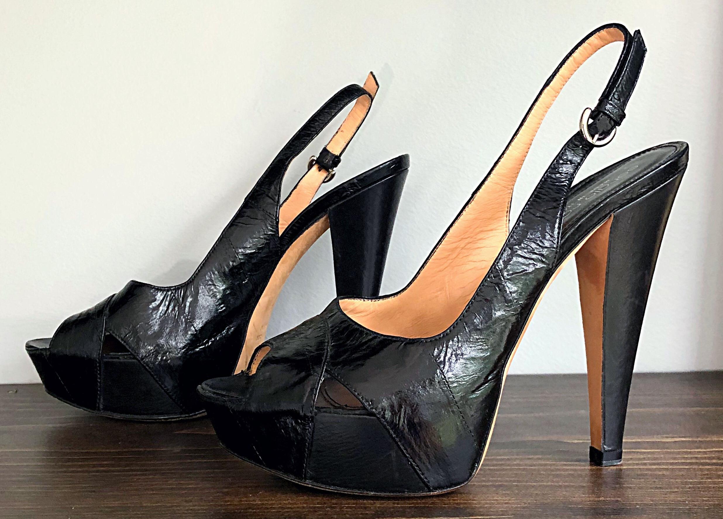 Women's Sergio Rossi Size 36 / 6 Eel Skin Black Platform Peep Toe Sling Back High Heels For Sale