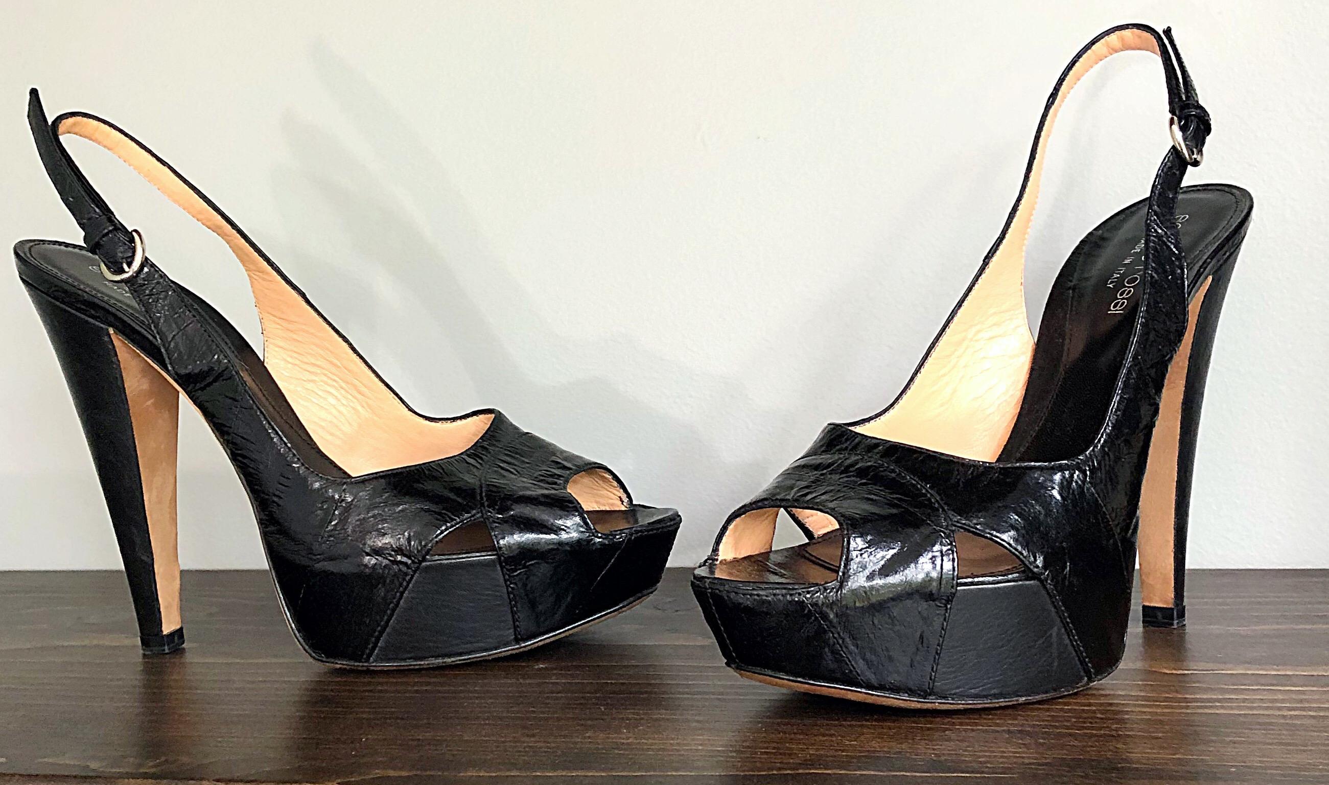 Sergio Rossi Size 36 / 6 Eel Skin Black Platform Peep Toe Sling Back High Heels For Sale 1