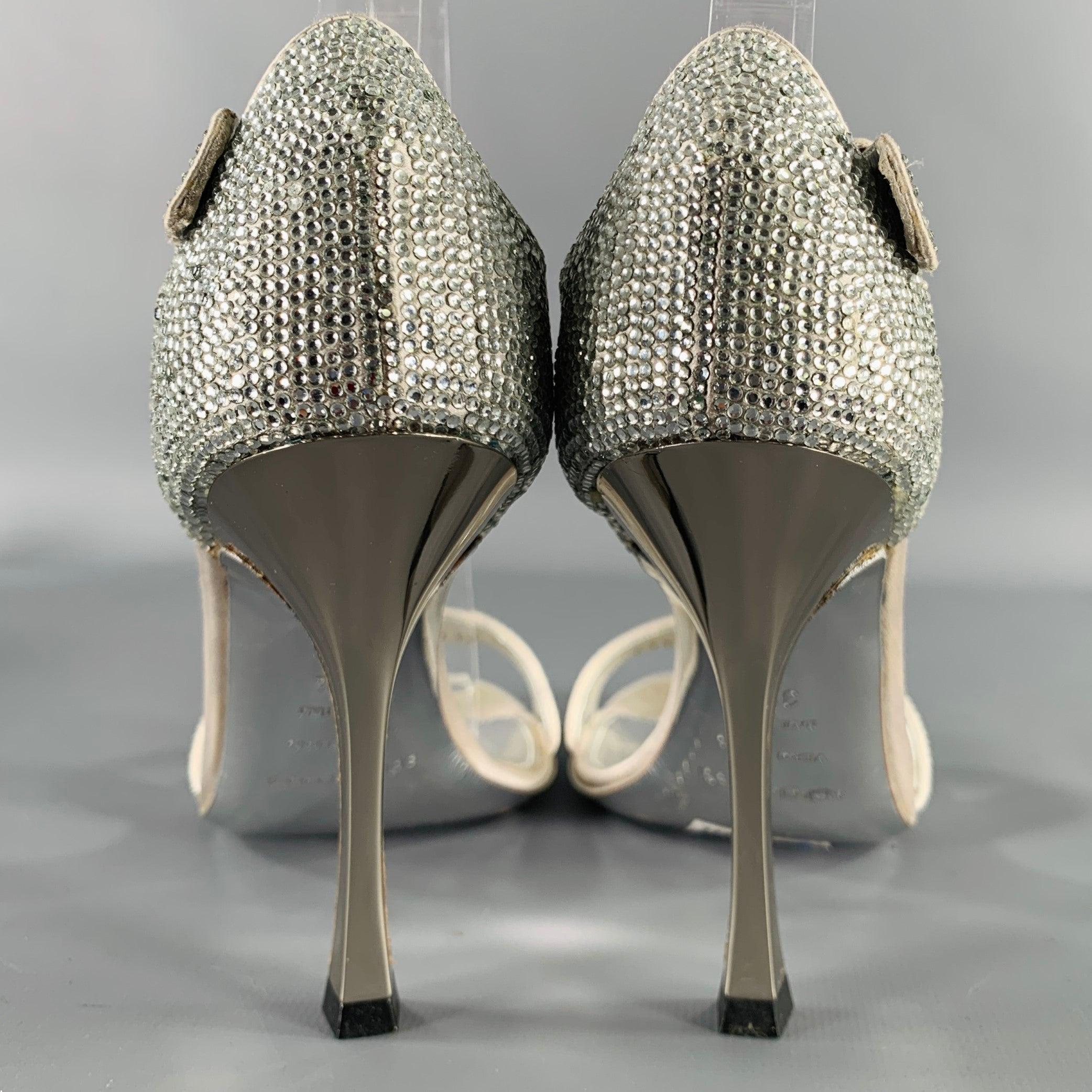 SERGIO ROSSI Size 5.5 Silver Grey Silk Ankle Strap Sandals In Good Condition For Sale In San Francisco, CA