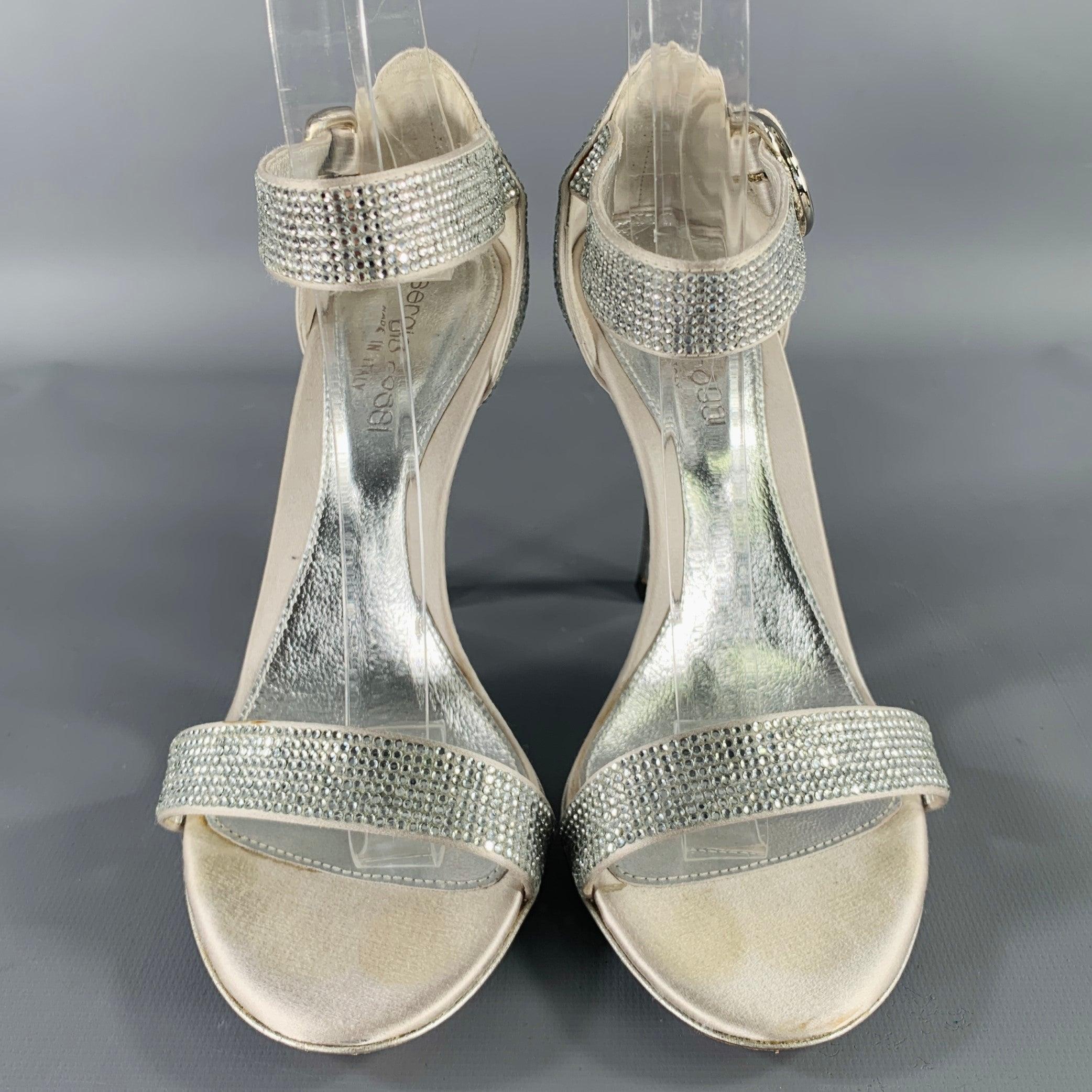 Women's SERGIO ROSSI Size 5.5 Silver Grey Silk Ankle Strap Sandals For Sale