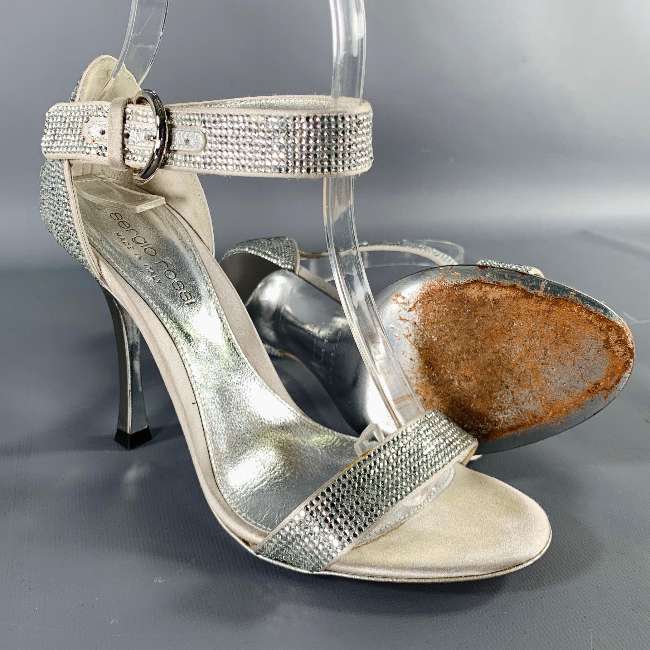 SERGIO ROSSI Size 5.5 Silver Grey Silk Ankle Strap Sandals For Sale 1