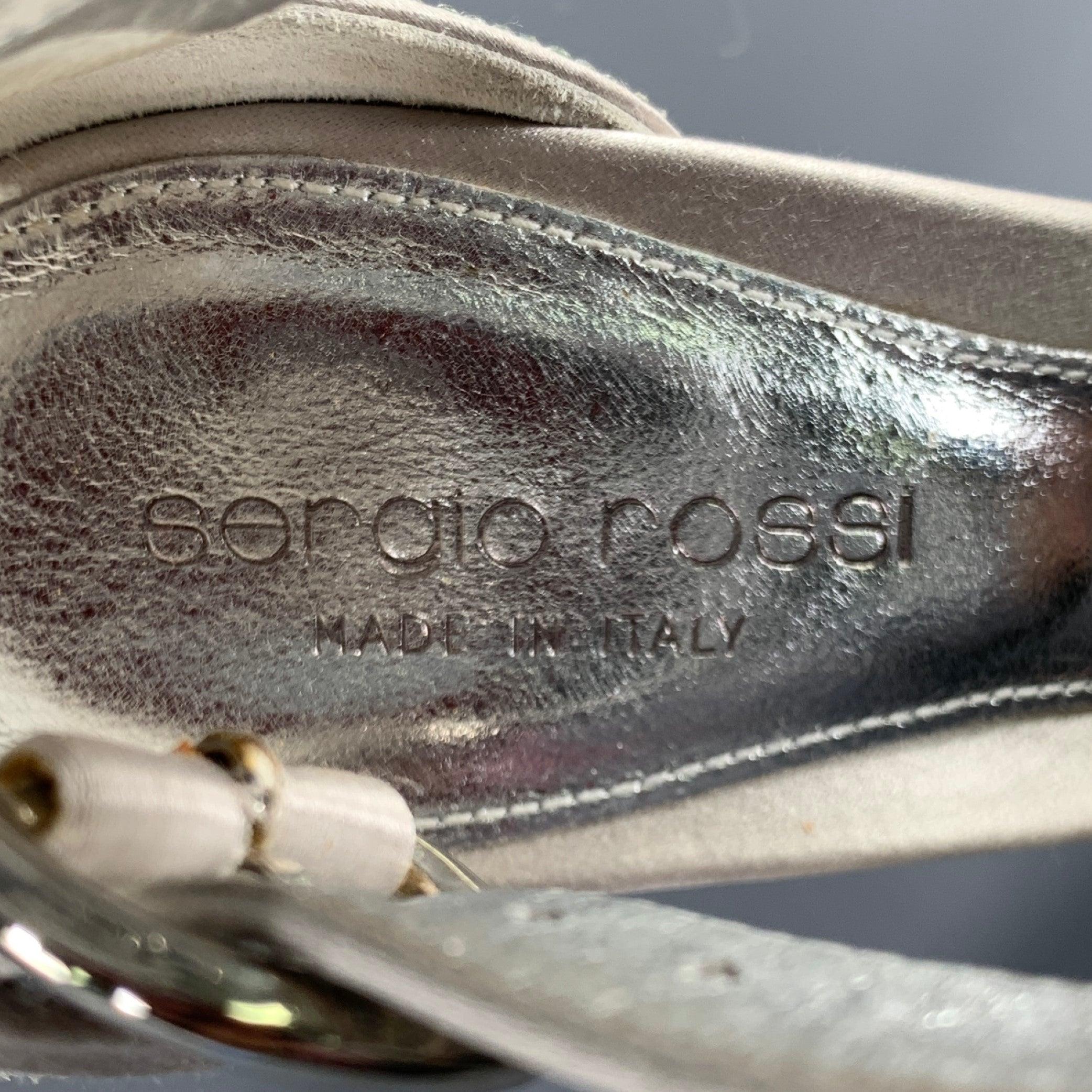 SERGIO ROSSI Size 5.5 Silver Grey Silk Ankle Strap Sandals For Sale 3