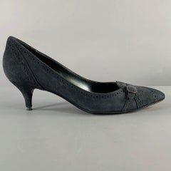 SERGIO ROSSI Size 6.5 Navy Suede Perforated Kitten Heel Pumps