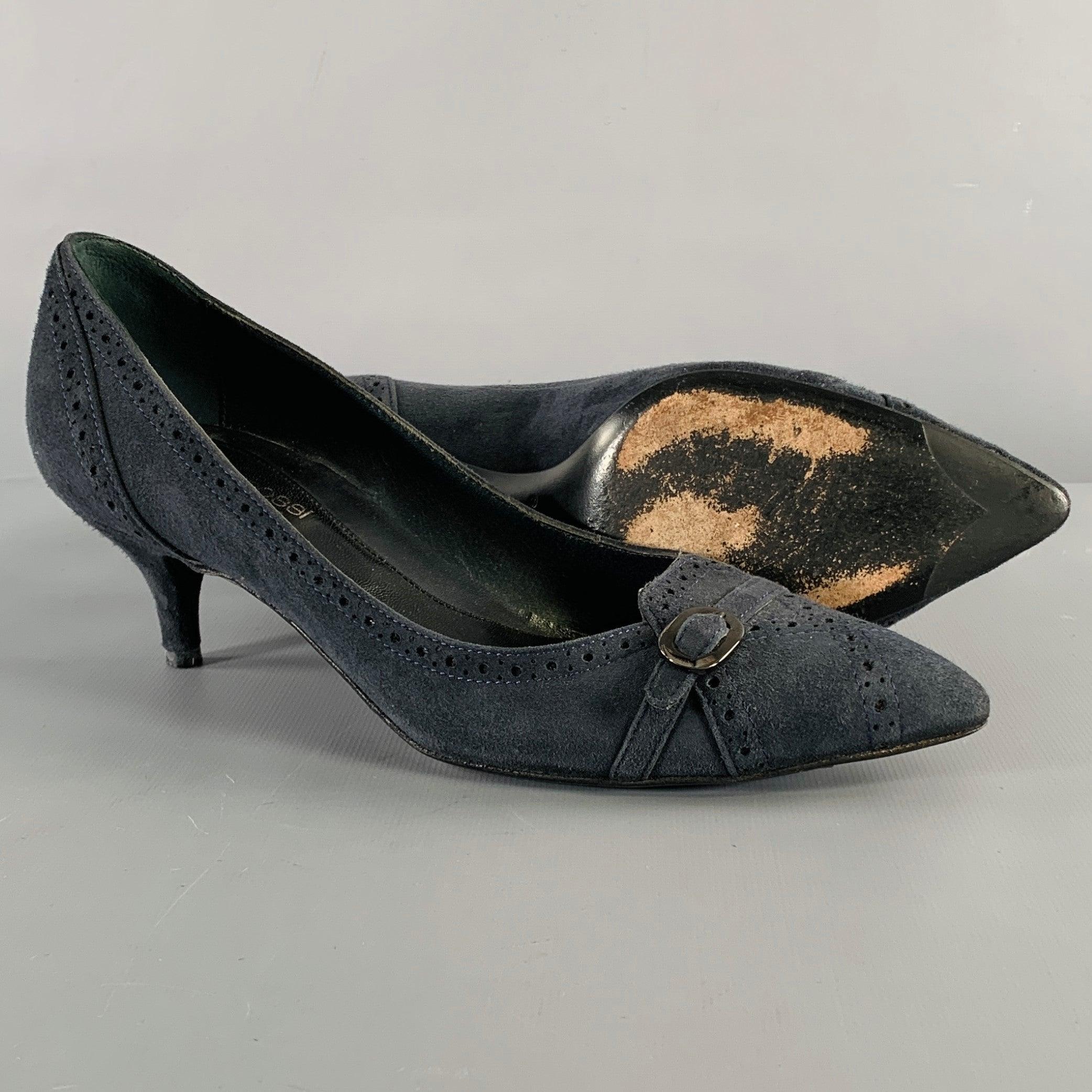 Women's SERGIO ROSSI Size 6.5 Navy Suede Perforated Kitten Heel Pumps For Sale