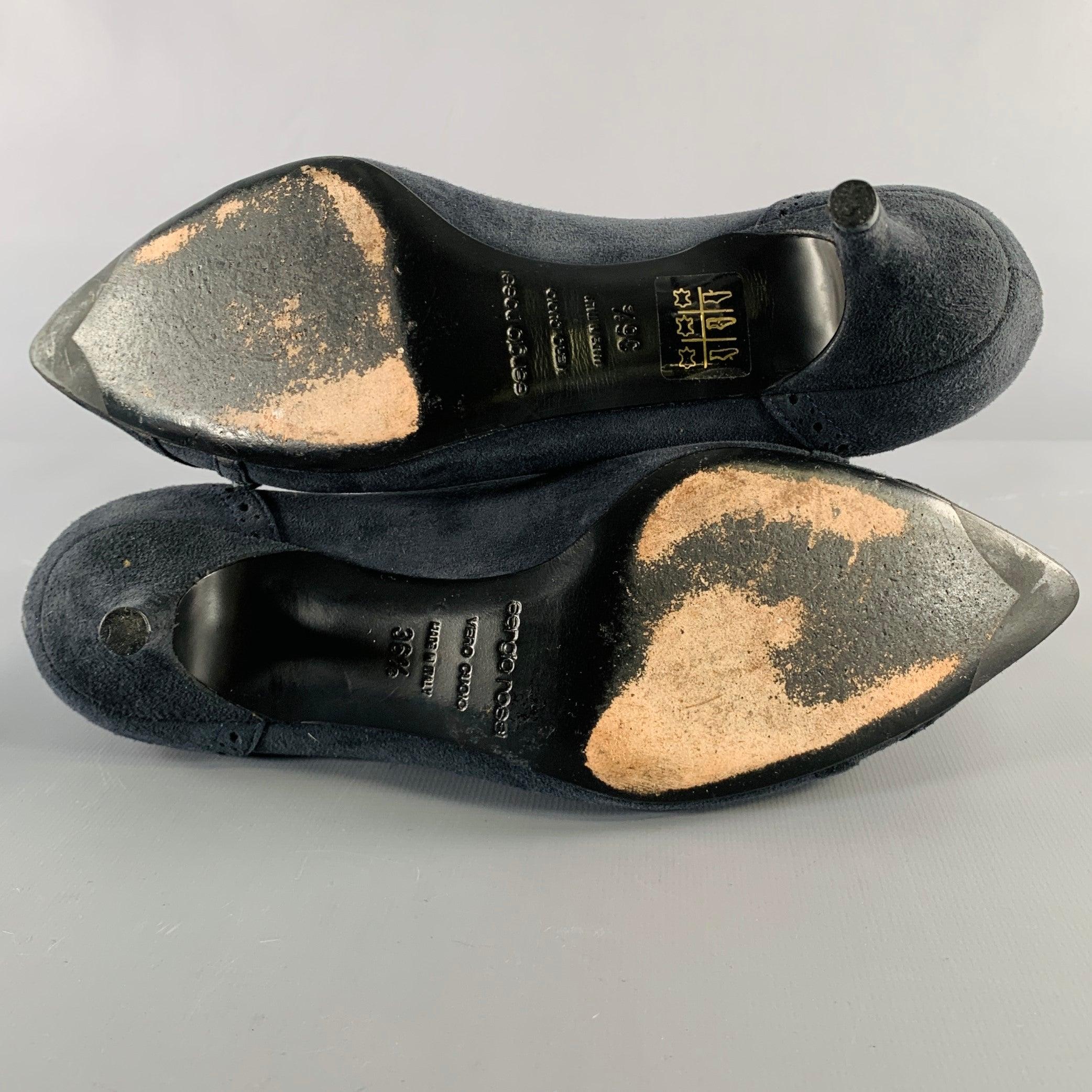 SERGIO ROSSI Size 6.5 Navy Suede Perforated Kitten Heel Pumps For Sale 1