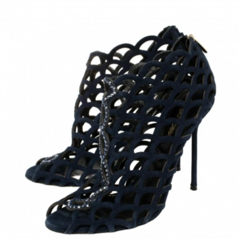 Women's Sergio Rossi Suede Crystal Embellished Scalloped Peep Toe Caged Booties Size 39 For Sale