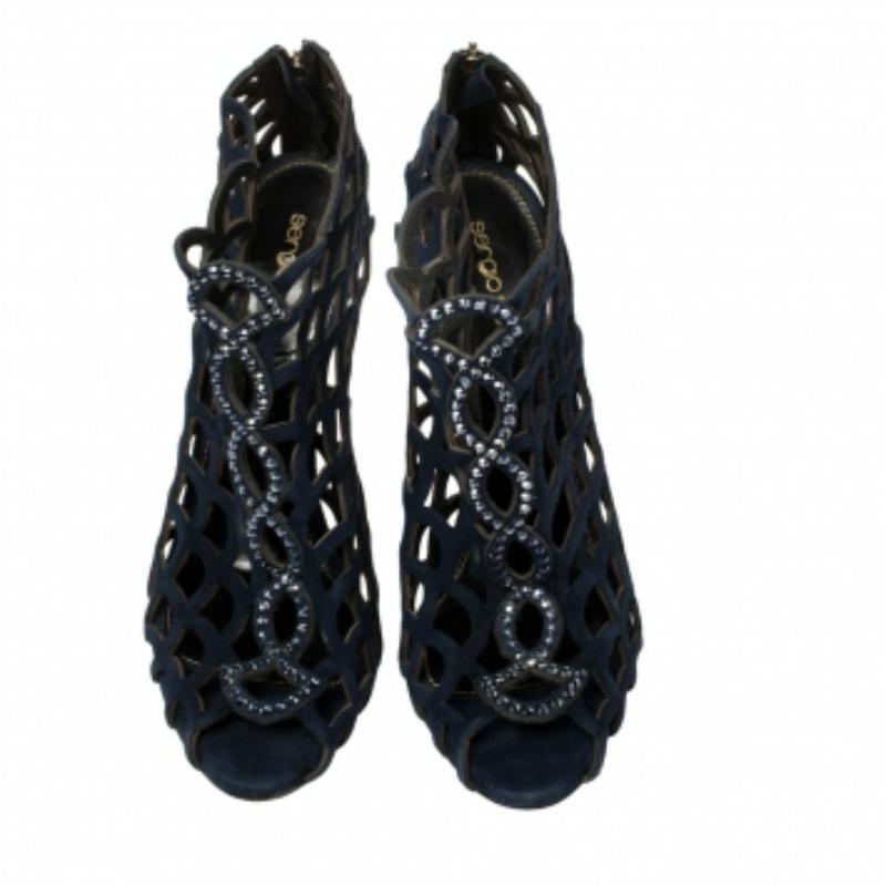 Sergio Rossi Suede Crystal Embellished Scalloped Peep Toe Caged Booties Size 39 For Sale 1