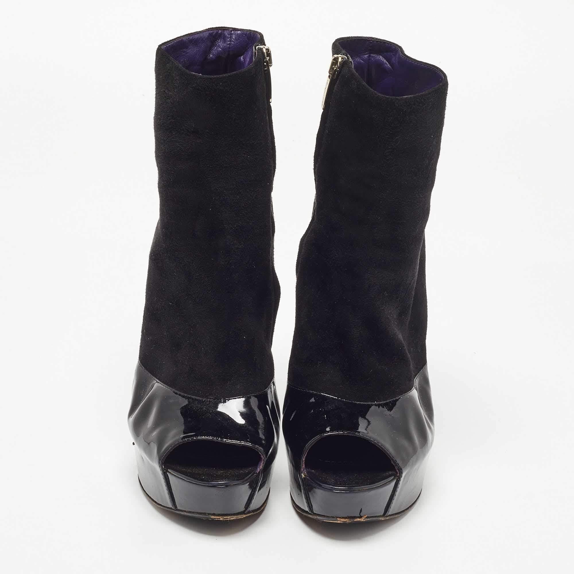 Nero Sergio Rossi Pelle Scamosciata Baltimora Peep Toe Platform Ankle Boots Taglia 39.5 in vendita