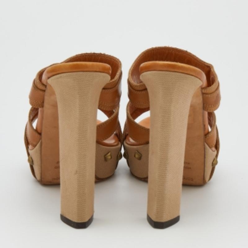 Sergio Rossi Tan Leather Strappy Studded Platform Sandals Size 40 For Sale 1