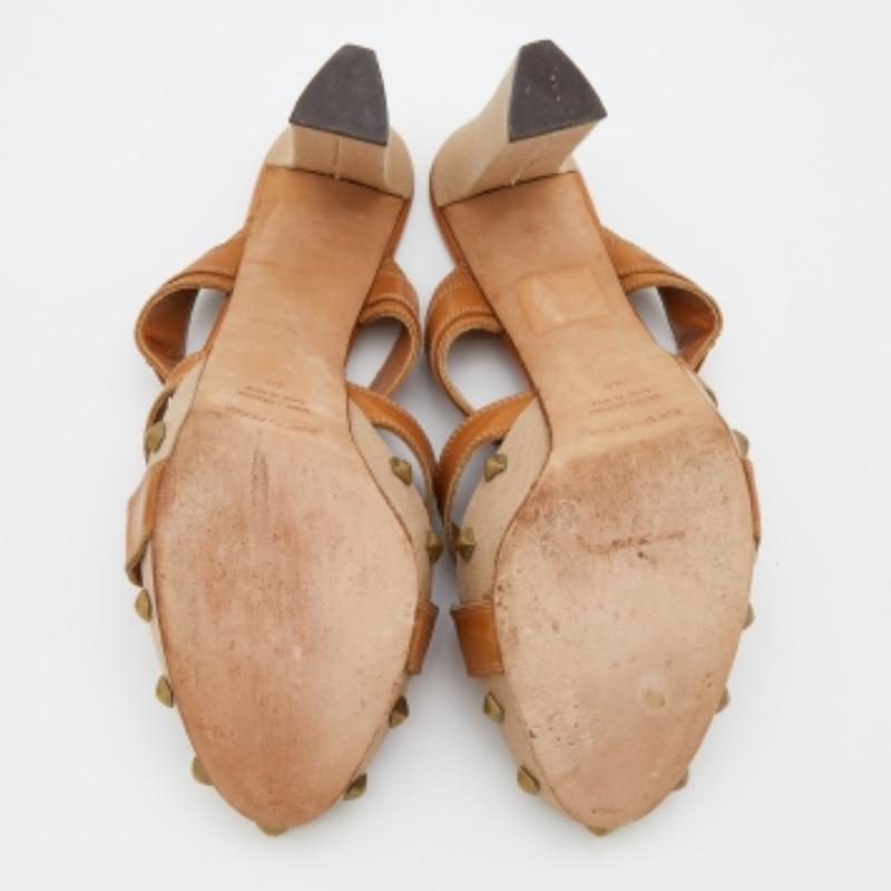 Sergio Rossi Tan Leather Strappy Studded Platform Sandals Size 40 For Sale 2