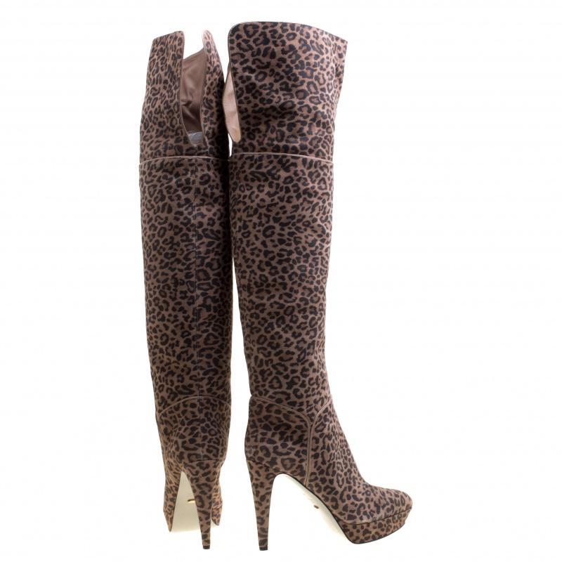 Women's Sergio Rossi Taupe Leopard Print Suede Over The Knee Platform Boots Size 41