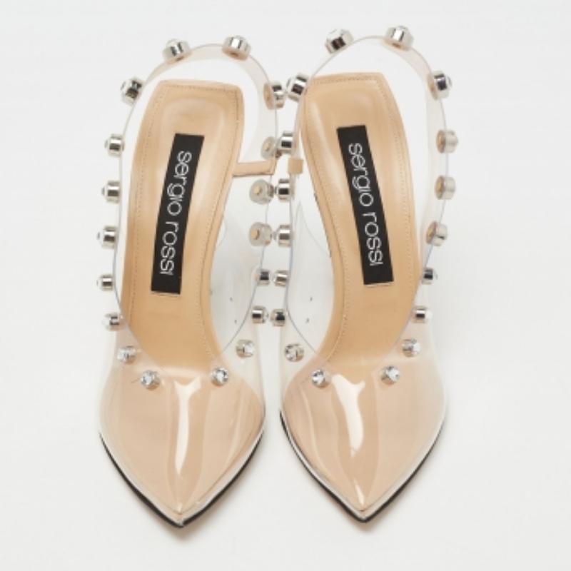 Beige Sergio Rossi Transparent PVC Studded Slingback Pumps Size 40 For Sale