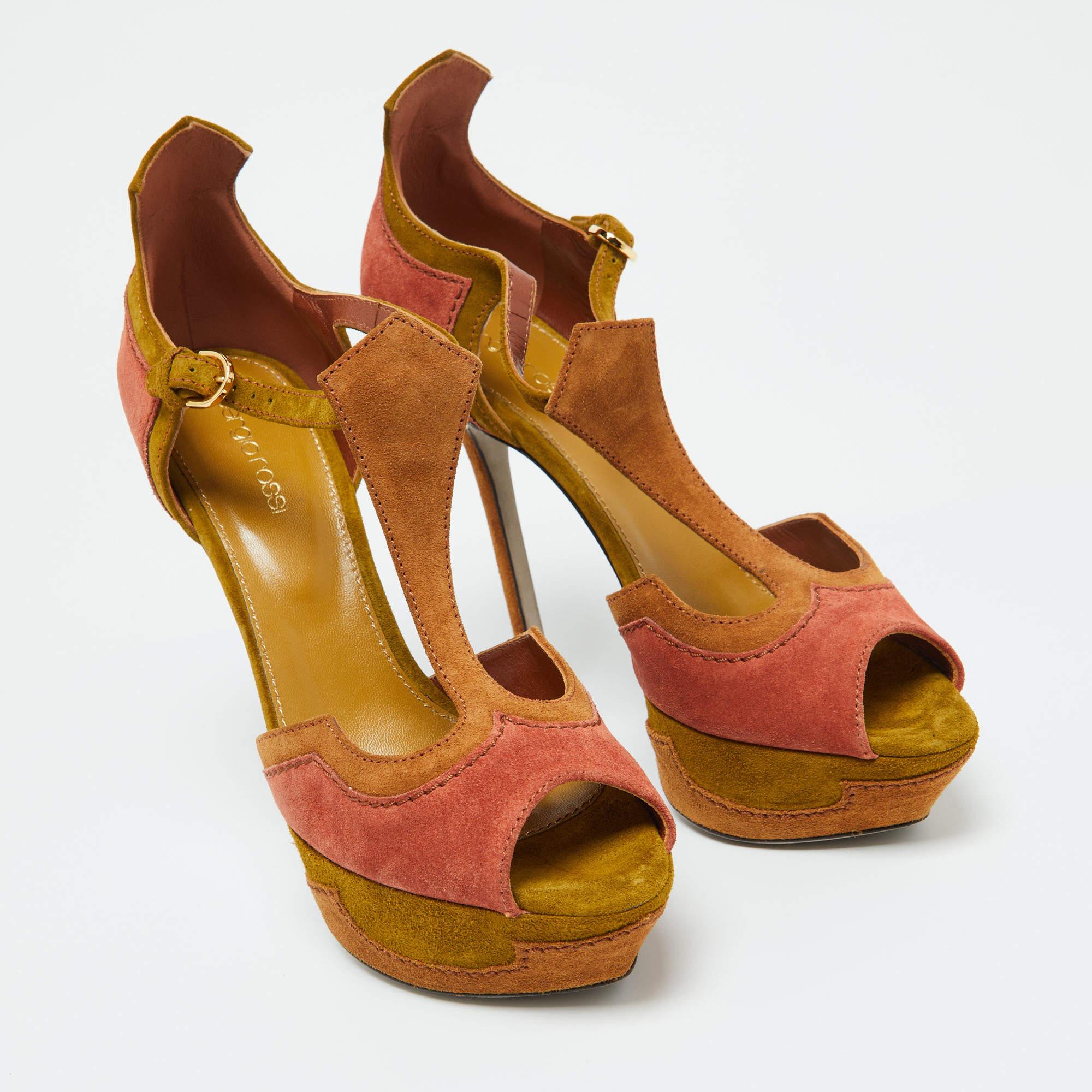 Sergio Rossi Sandales à lanières à talons compensés en daim tricolore, taille 38,5 Bon état - En vente à Dubai, Al Qouz 2